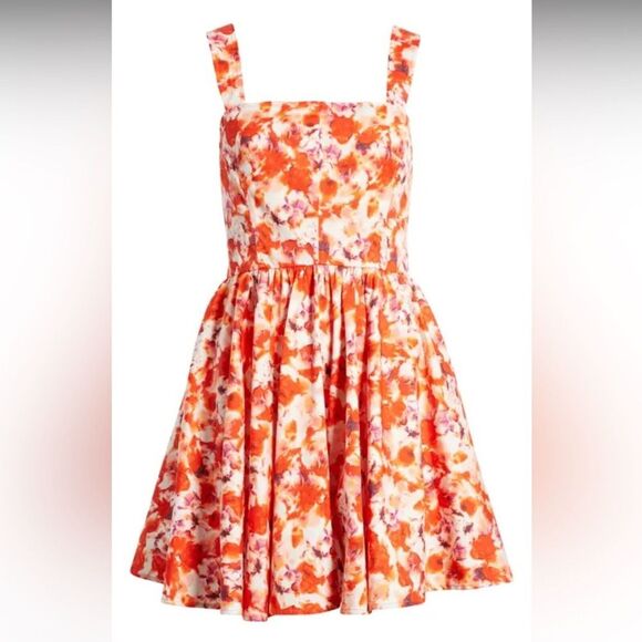 CHELSEA28 Fit & Flare Cotton Minidress in Orange Blue Blushed Blooms Medium - Picture 1 of 11
